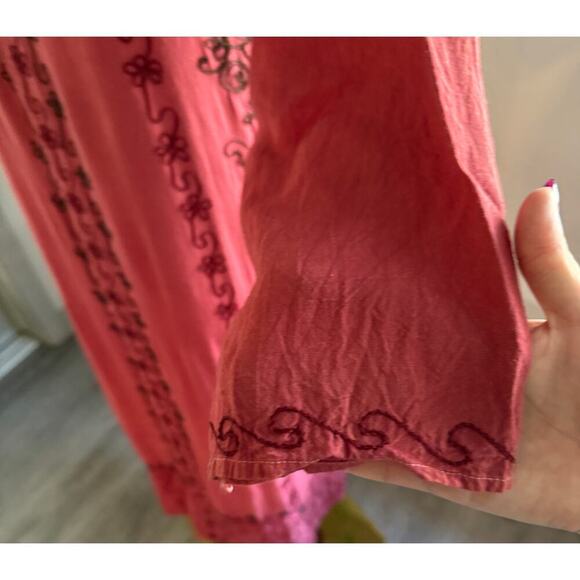 Vintage Boho Floral Embroidered Maxi Dress Pink One Size Hippie Lagenlook Artsy - Picture 7 of 12